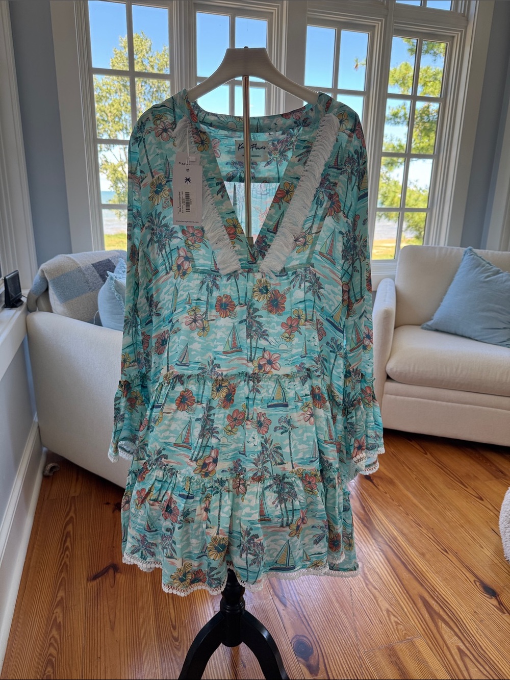 Light Turquoise Floral V-Neck Tiered Mini Dress with Lace Trim